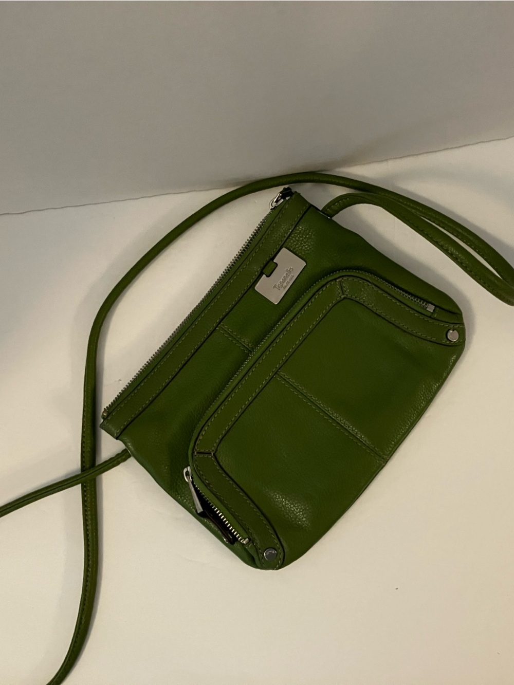 Vintage Tiganello Green Leather Crossbody with Front Pocket and Silver Hardware
